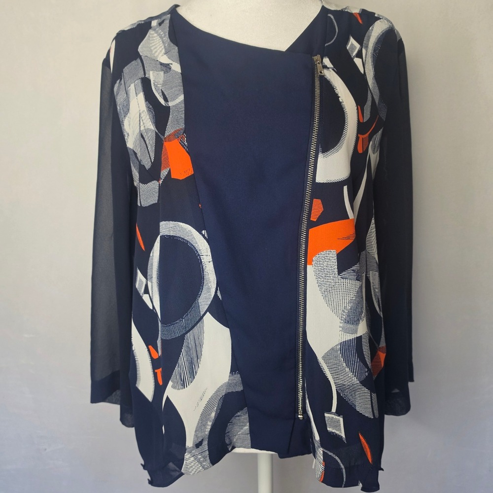 Chicos Navy Abstract Print Asymmetric Zip Blouse Sheer Sleeve size 2 - Picture 2 of 16